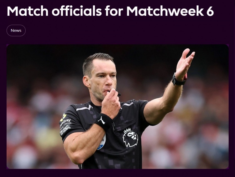 英超第6轮裁判：吉莱特执法纽卡阿森纳，胡珀执法切尔西布莱顿